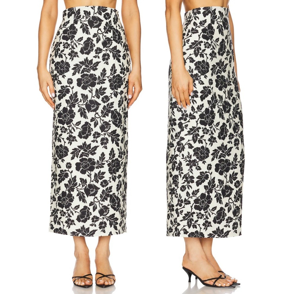 Posse Linen Floral Maxi Skirt Romeo Column Black White‎ Botanical Print Skirt L